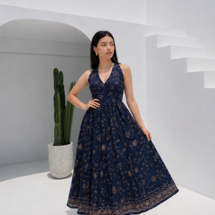 Midnight Blush Embroidered Maxi Dress